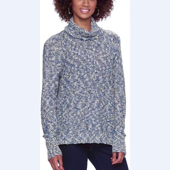 LL Bean Blue Marled Cotton Ragg‎ Funnelneck Pullover Sweater Size MEDIUM - Picture 1 of 9